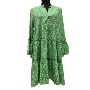 Juliet Dunn London Green White Floral Tiered Bell Sleeve Tunic Dress Sz 1 S/M